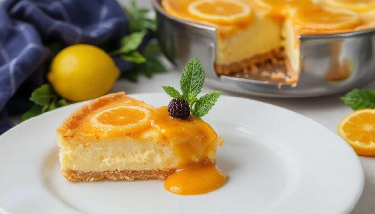 Uma fatia de tarte pudim de laranja na tigela branca, com uma crosta dourada e recheio cremoso de laranja, decorada com raspas de laranja no topo, apresentada sobre uma toalha de linho azul claro, com luz suave que realça a textura dourada e o brilho do recheio.