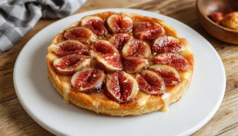 Tarte rústica de figos com ricota apresentada em um prato de cerâmica rústica, destacando os figos frescos cortados, a cobertura de mel dourado e amêndoas tostadas, com uma crosta dourada e textura variada.