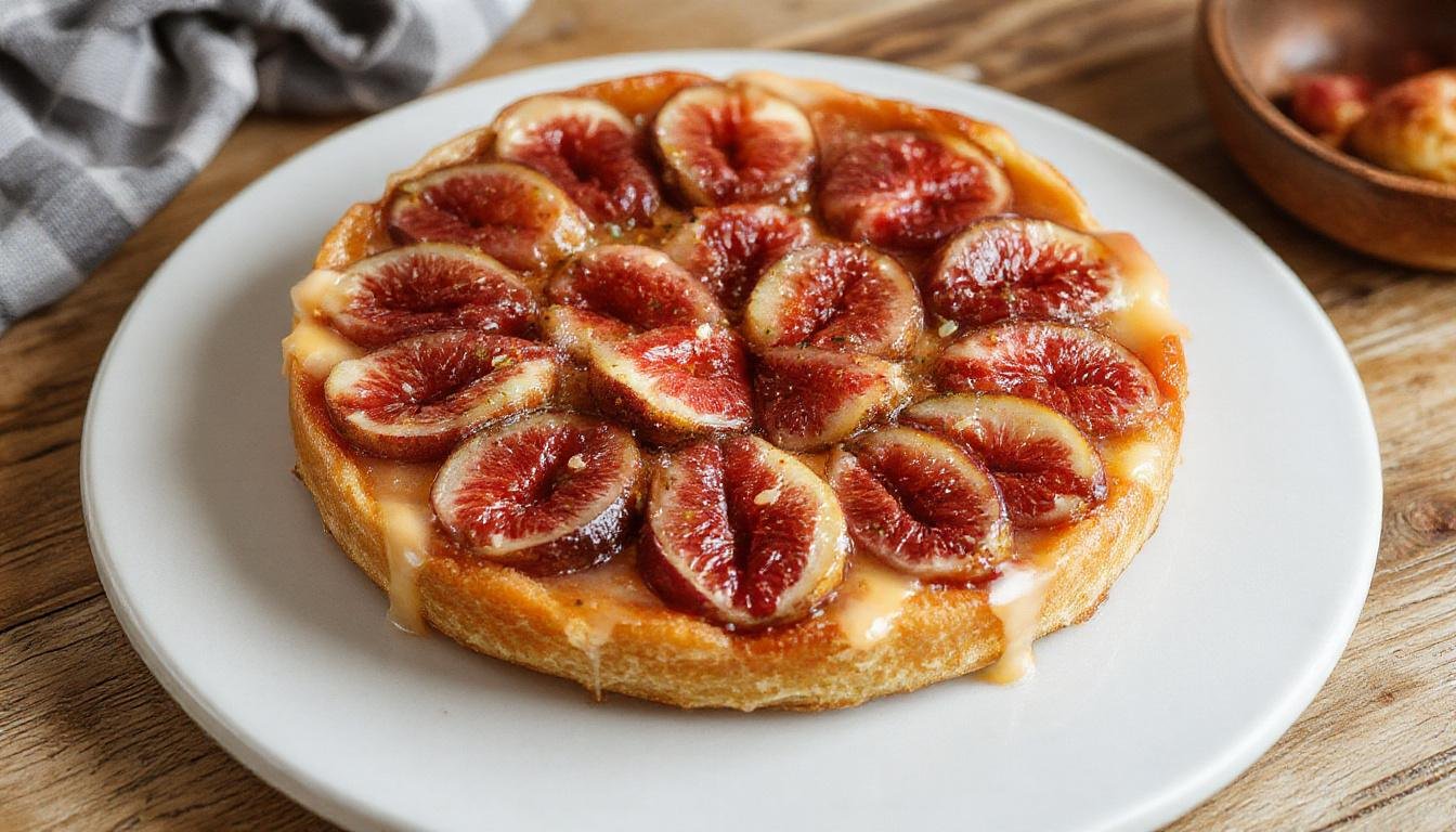 Tarte rústica de figos com ricota apresentada em um prato de cerâmica rústica, destacando os figos frescos cortados, a cobertura de mel dourado e amêndoas tostadas, com uma crosta dourada e textura variada.