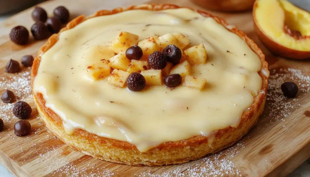 Uma tarte de maçã muito cremosa apresentada em uma tigela branca, com fatias finas de maçã dourada por cima, polvilhada com canela, numa superfície de madeira rústica, com uma colher ao lado e uma nuvem de creme ao redor.