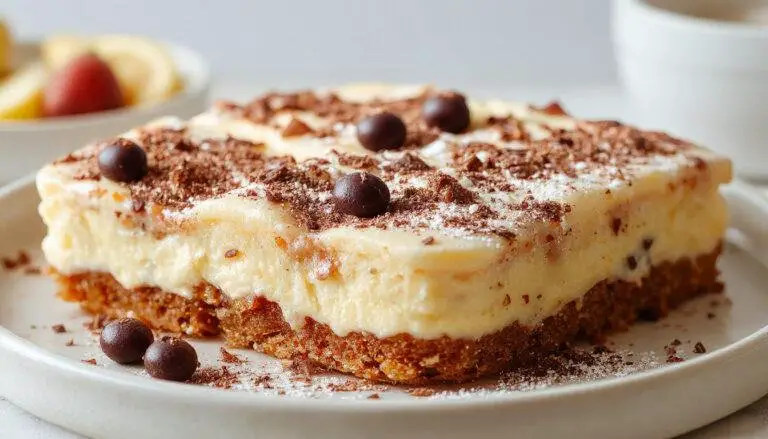 Uma taça de tiramisù saudável apresentada com camadas distintas de creme leve de cor dourada, biscoitos sem glúten embebidos de café, e uma pitada de cacau em pó por cima, decorada com folhas de hortelã em um prato branco elegante, criando uma aparência convidativa e sofisticada