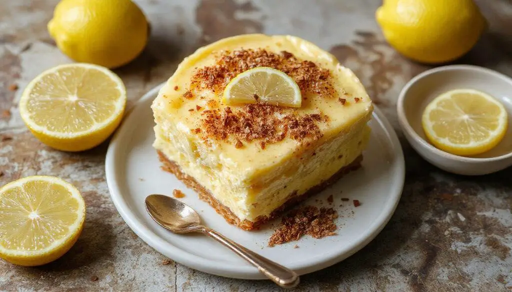 Tiramisu de limão apresentado em uma taça transparente, com camadas visíveis de creme amarelo claro e biscoitos embebidos, decorado com raspas de limão e folhas de hortelã, aparência fresca e apetitosa
