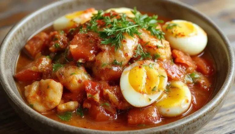 Prato de tomatada com courgete e ovos, apresentado em um prato branco com cores vibrantes. A mistura de tomate vermelho vibrante e fatias de courgete verde claro, com ovos escalfados delicadamente colocados por cima, decorados com ervas frescas sugere uma refeição mediterrânea simples e apetitosa, fotografada em um iPhone 14 Pro com luz natural suave.