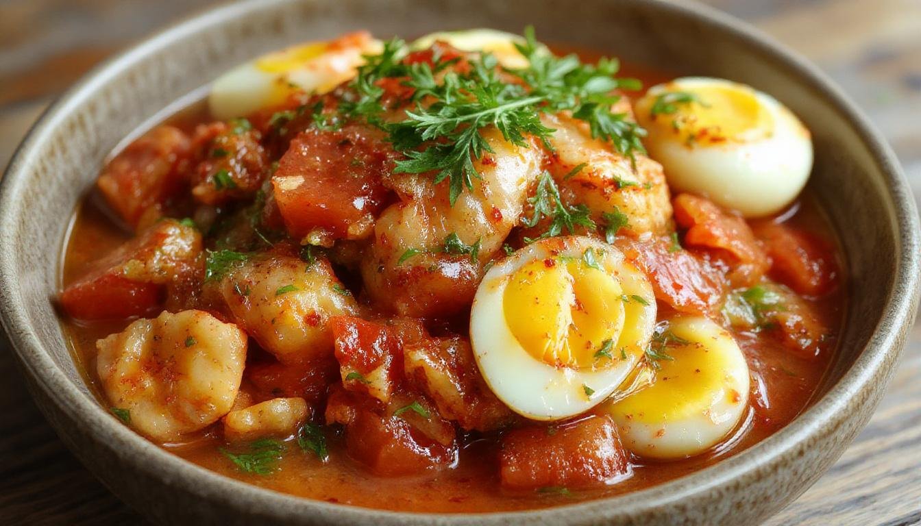 Prato de tomatada com courgete e ovos, apresentado em um prato branco com cores vibrantes. A mistura de tomate vermelho vibrante e fatias de courgete verde claro, com ovos escalfados delicadamente colocados por cima, decorados com ervas frescas sugere uma refeição mediterrânea simples e apetitosa, fotografada em um iPhone 14 Pro com luz natural suave.