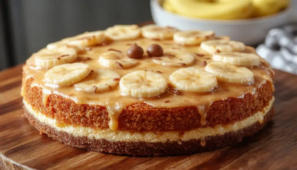 Uma fatia de Torta Banoffee Incrível sobre uma prato branco, exibindo uma crosta dourada, um recheio cremoso de banana e doce de leite, decorada com raspas de chocolate e fatias de banana, tudo apresentado de forma elegante e apetitosa.