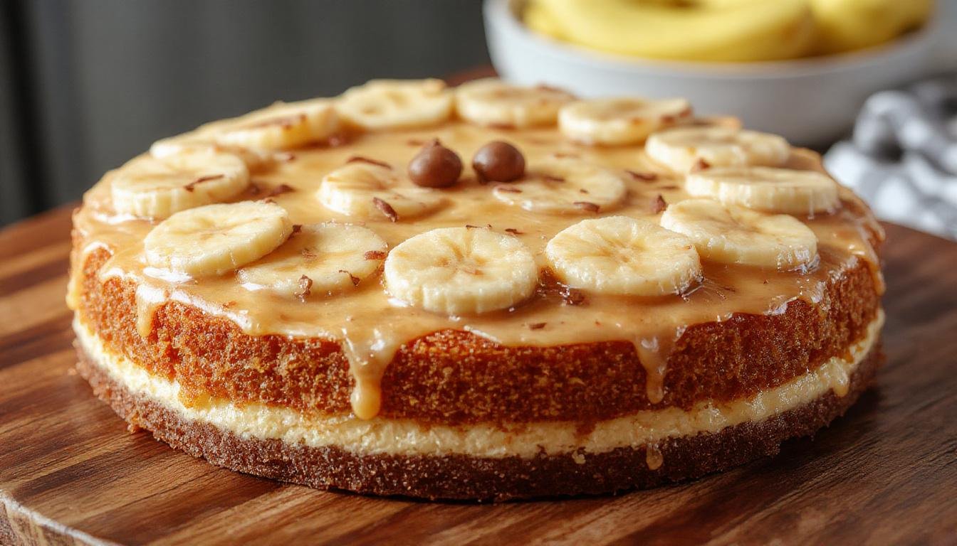Uma fatia de Torta Banoffee Incrível sobre uma prato branco, exibindo uma crosta dourada, um recheio cremoso de banana e doce de leite, decorada com raspas de chocolate e fatias de banana, tudo apresentado de forma elegante e apetitosa.