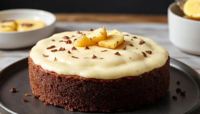 Torta brownie com camada de mousse de maracujá amarelo vibrante, decorada com raspas de chocolate e folhas de hortelã, apresentada em uma tigela redonda sobre uma mesa rústica, iluminação suave destacando as texturas e cores vibrantes.