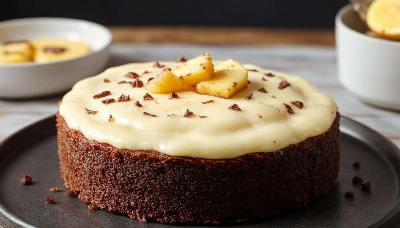 Torta brownie com camada de mousse de maracujá amarelo vibrante, decorada com raspas de chocolate e folhas de hortelã, apresentada em uma tigela redonda sobre uma mesa rústica, iluminação suave destacando as texturas e cores vibrantes.