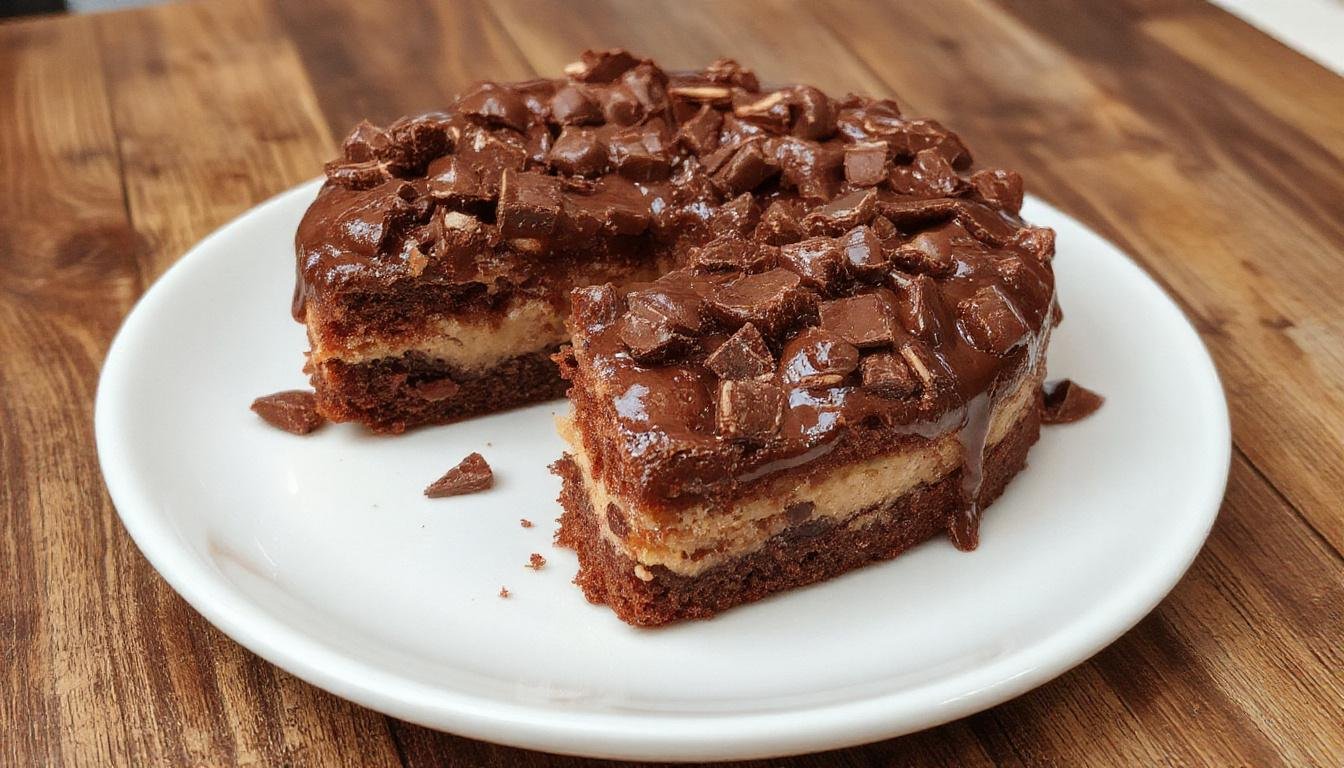 Torta rápida de chocolate apresentada em uma tigela branca com uma camada lisa e brilhante, decorada com raspas de chocolate e uma fatia sendo retirada com uma colher, fundo suave e bem iluminado, destacando a textura cremosa e lustrosa do chocolate.