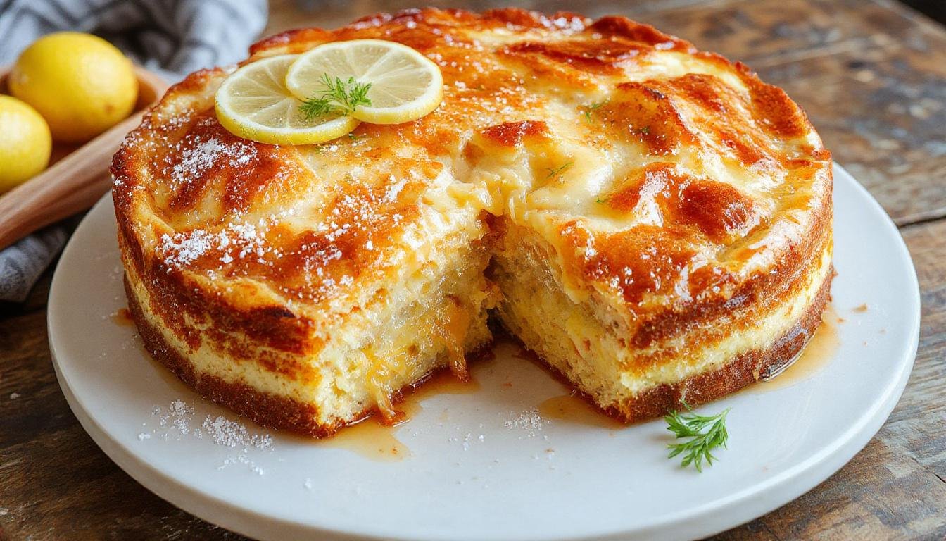 Uma torta de limão elegante e moderna sobre um prato branco, com crosta dourada e recheio amarelo vibrante, decorada com raspas de limão e uma folha de hortelã, apresentada em uma mesa de madeira clara.