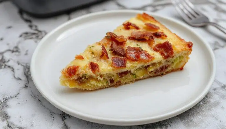 Torta de abobrinha com bacon dourada e crocante, apresentada sobre uma tábua de madeira, com fatias revelando camadas de abobrinha, bacon e massa dourada, decorada com ervas frescas ao redor, capturada em iluminação natural que realça as texturas e cores vibrantes.