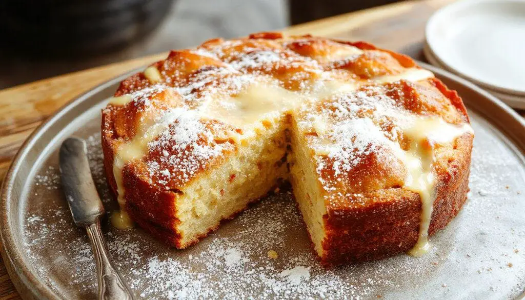 Uma torta de atum cremosa e dourada, apresentada sobre uma tábua de madeira. A crosta está crocante e levemente dourada, enquanto o recheio de atum e creme está visivelmente cremoso, com pedaços de atum visíveis e um toque de ervas frescas por cima. A apresentação é clara e apetitosa, destacando-se a textura suculenta e a cor dourada da torta.