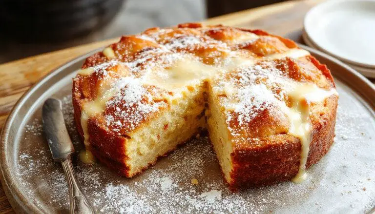 Uma torta de atum cremosa e dourada, apresentada sobre uma tábua de madeira. A crosta está crocante e levemente dourada, enquanto o recheio de atum e creme está visivelmente cremoso, com pedaços de atum visíveis e um toque de ervas frescas por cima. A apresentação é clara e apetitosa, destacando-se a textura suculenta e a cor dourada da torta.