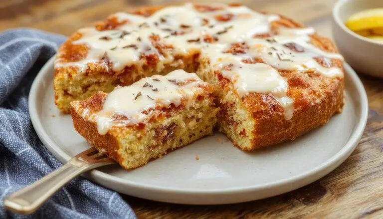 Fatias de berinjela douradas e molho vermelho, arrumadas elegantemente em uma massa crocante de torta, com queijo gratinado por cima e folhas de manjericão fresco, tudo servido em uma tigela de cerâmica rústica sobre uma toalha de mesa de linho branco, com iluminação natural destacando as texturas e cores vibrantes.