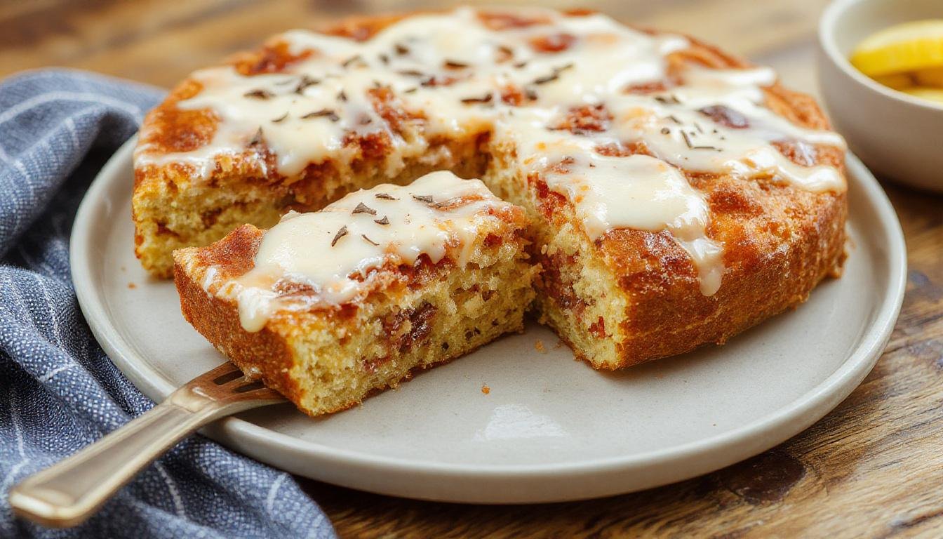 Fatias de berinjela douradas e molho vermelho, arrumadas elegantemente em uma massa crocante de torta, com queijo gratinado por cima e folhas de manjericão fresco, tudo servido em uma tigela de cerâmica rústica sobre uma toalha de mesa de linho branco, com iluminação natural destacando as texturas e cores vibrantes.