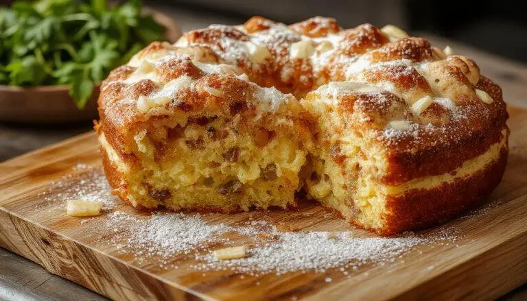 Uma fatia de torta de cebola da bisavó em um prato branco, com uma crosta dourada e crocante, recheio cremoso de cebolas caramelizadas, folhas de salsa por cima, ao lado de uma xícara de chá e utensílios de cozinha rústicos, iluminação suave ressaltando as texturas e cores quentes