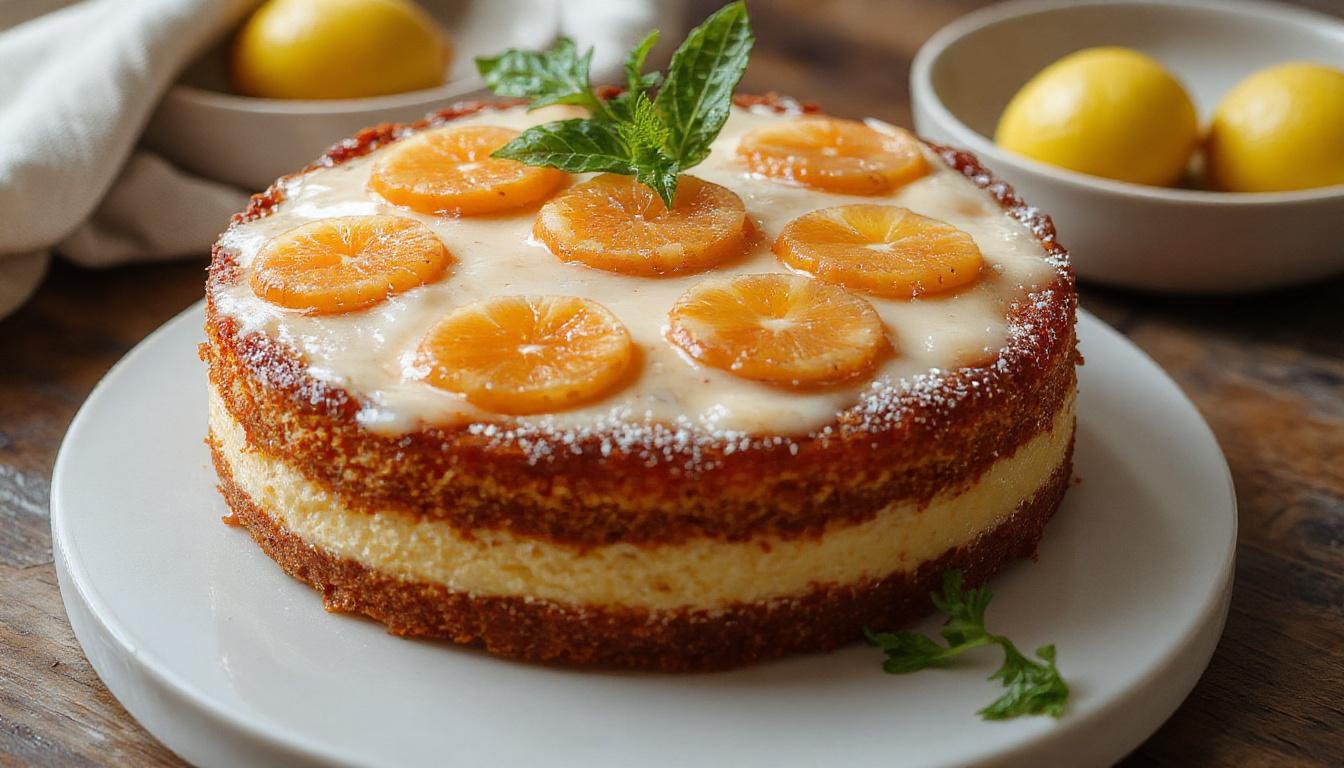 Imagem de uma torta de laranja fofinha e molhadinha sobre um prato branco, com cobertura brilhante de glacê de laranja e fatias de laranja decorativas ao redor, apresentando uma textura macia e úmida, iluminada suavemente para realçar o brilho e a cor vibrante da torta.
