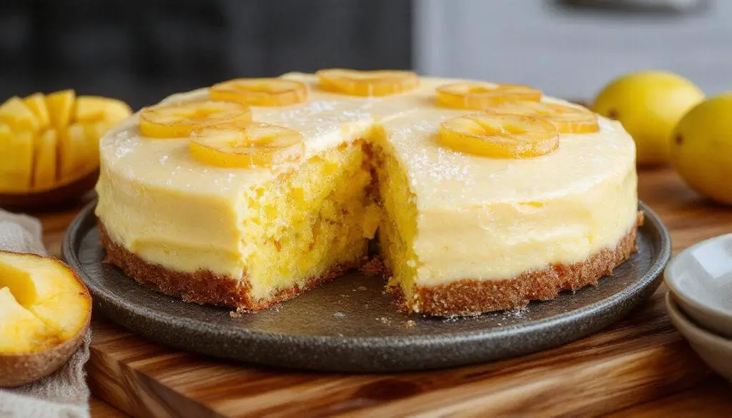 Uma fatia de torta de maracujá em um prato branco, com cobertura dourada e brilho de glacê, decorada com sementes de maracujá fresco ao lado, tudo sobre uma mesa de madeira clara com fundo desfocado de uma sala aconchegante.