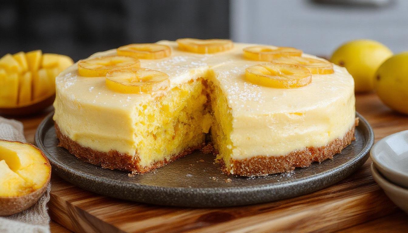 Uma fatia de torta de maracujá em um prato branco, com cobertura dourada e brilho de glacê, decorada com sementes de maracujá fresco ao lado, tudo sobre uma mesa de madeira clara com fundo desfocado de uma sala aconchegante.
