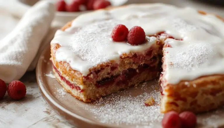 Torta de morango no pote exibida em um recipiente de vidro transparente, com camadas visíveis de creme branco, pedaços de morango vermelho vibrante e uma base de biscoito dourado, decorada com um morango inteiro e folhas verdes ao topo, apresentada sobre uma mesa de madeira clara.