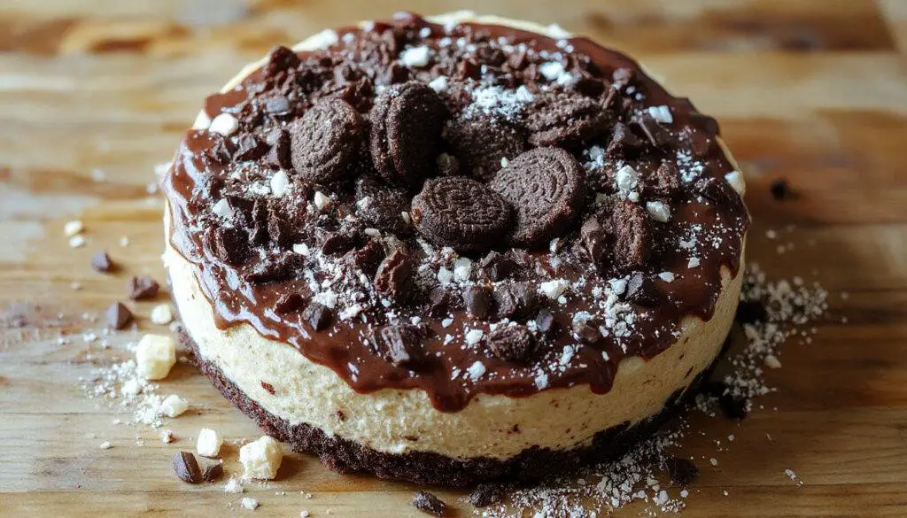 Uma fatia de torta de Oreo com camada de chocolate escuro, decorada com pedaços de bolacha Oreo e um toque de cacau em pó por cima, apresentada em um prato branco com uma borda delicada. A textura da torta parece cremosa e úmida, destacando-se pelo contraste entre o chocolate e as bolachas crocantes, numa iluminação suave que ressalta os detalhes e cores intensas da sobremesa.