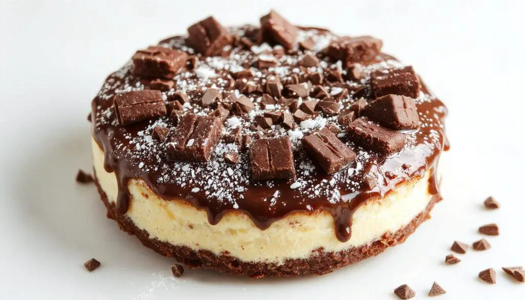 Tortinha de chocolate branco servida em uma pequena taça de sobremesa, com cobertura brilhante de ganache branca, decorada com raspas de chocolate e uma folha de hortelã, apresentada em um prato branco elegante, com fundo desfocado de utensílios de cozinha.