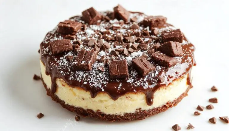 Tortinha de chocolate branco servida em uma pequena taça de sobremesa, com cobertura brilhante de ganache branca, decorada com raspas de chocolate e uma folha de hortelã, apresentada em um prato branco elegante, com fundo desfocado de utensílios de cozinha.