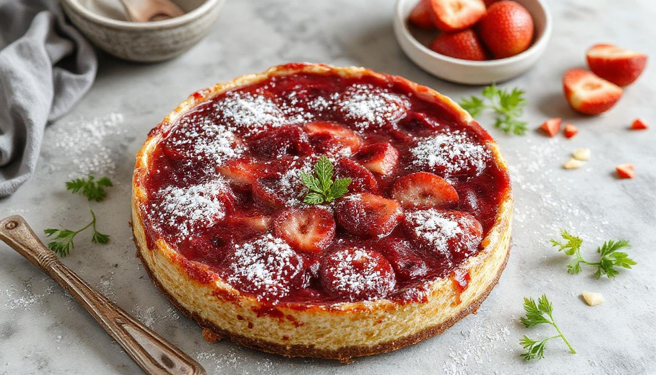 Uma tortinha de morango sofisticada sobre um prato branco, com glacê brilhante e morangos frescos decorativos ao topo, apresentada com elegância.