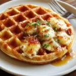 Imagem de um waffle dourado e crocante, servido em um prato branco, acompanhado de frutas frescas como morangos e mirtilos, com um toque de mel por cima. Ao lado, uma panqueca saudável sem glúten, com uma textura macia e levemente fofa, decorada com fatias de banana e sementes de chia. A apresentação é elegante e apetitosa, em um ambiente bem iluminado, perfeito para café da manhã saudável.