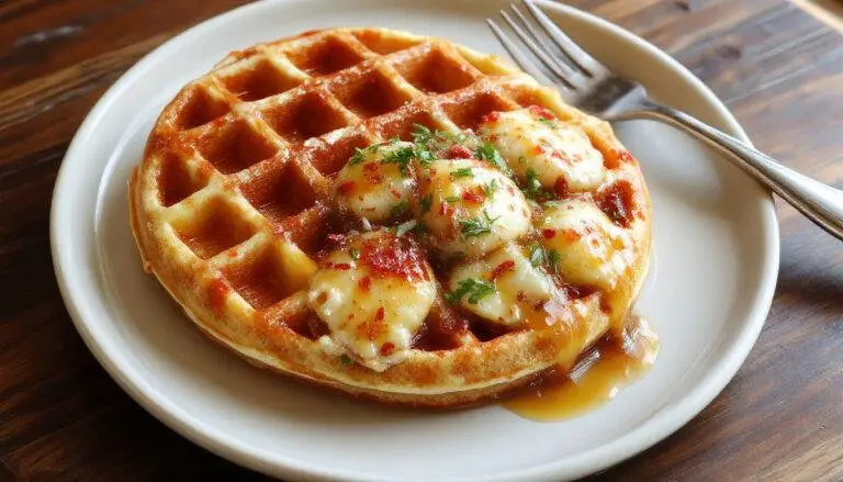 Imagem de um waffle dourado e crocante, servido em um prato branco, acompanhado de frutas frescas como morangos e mirtilos, com um toque de mel por cima. Ao lado, uma panqueca saudável sem glúten, com uma textura macia e levemente fofa, decorada com fatias de banana e sementes de chia. A apresentação é elegante e apetitosa, em um ambiente bem iluminado, perfeito para café da manhã saudável.