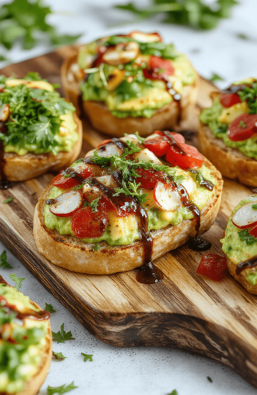 A vibrant assortment of avocado toast varieties arranged on a rustic wooden board, featuring colorful toppings like cherry tomatoes, radishes, microgreens, and drizzles of balsamic glaze, with a soft-focus background showcasing a cozy breakfast setting.