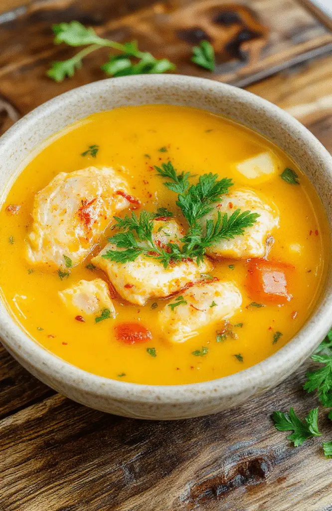 A vibrant bowl of golden turmeric chicken soup topped with fresh herbs, served with rustic bread on a wooden table, steam rising through colorful vegetables, styled simply for a cozy look.