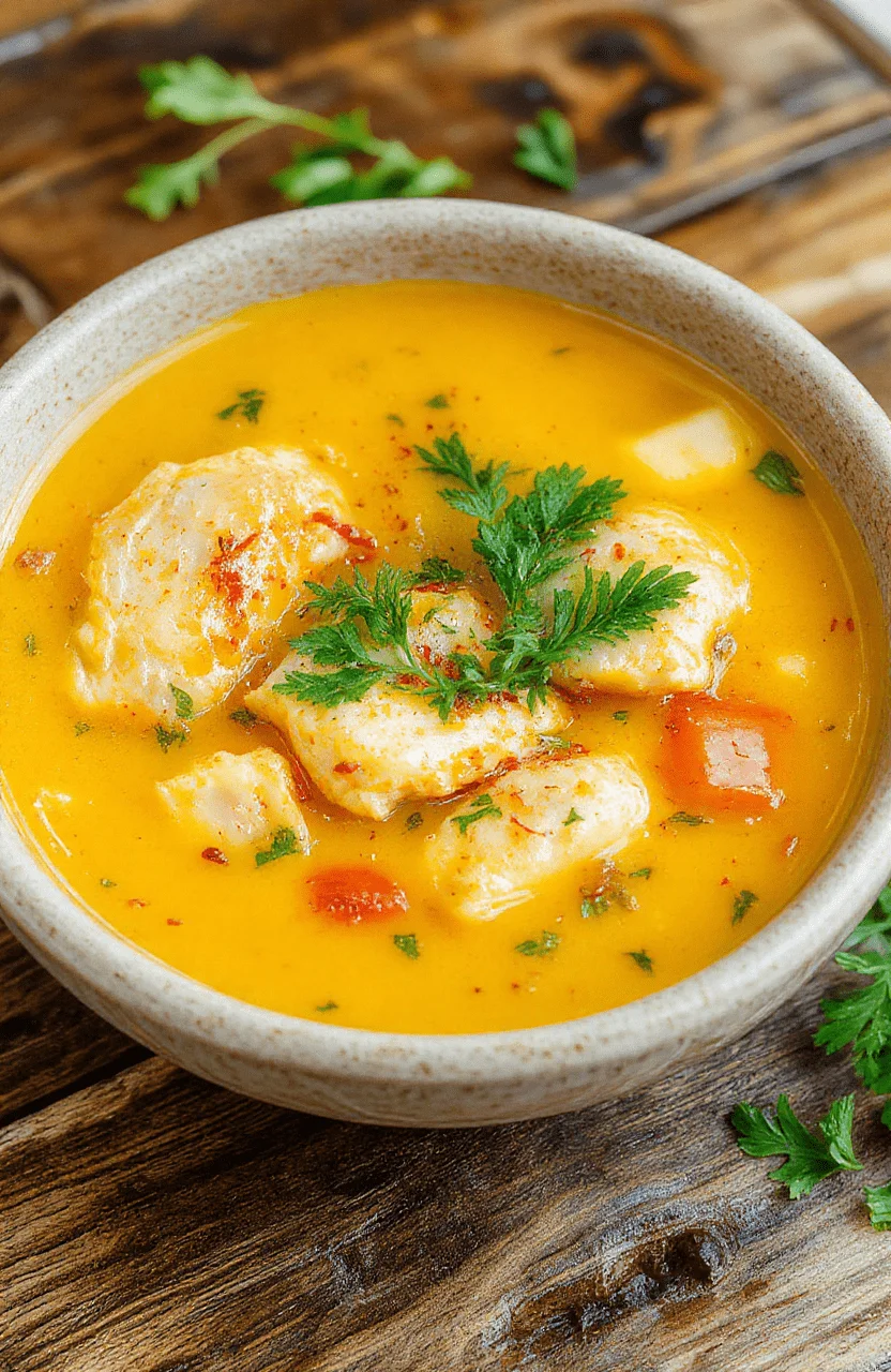 A vibrant bowl of golden turmeric chicken soup topped with fresh herbs, served with rustic bread on a wooden table, steam rising through colorful vegetables, styled simply for a cozy look.