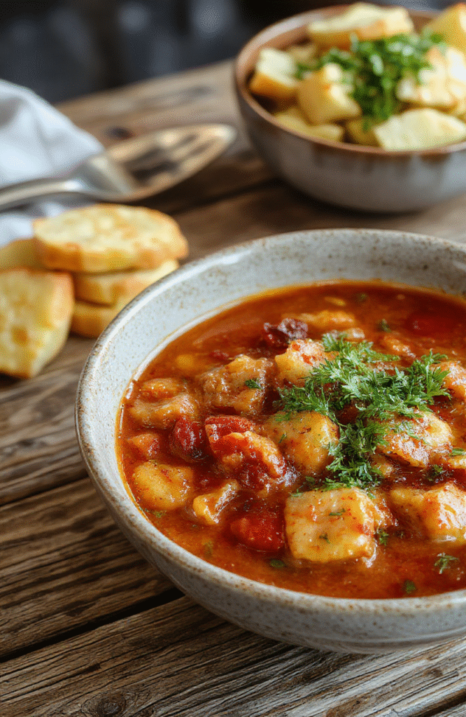 A steaming bowl of authentic German goulash featuring tender chunks of beef in a rich, thick tomato and paprika sauce, garnished with fresh herbs, served on a rustic wooden table with crusty bread on the side. The vibrant red and brown tones of the stew contrast beautifully with the dark wooden background and green herbs, creating an inviting and hearty look.