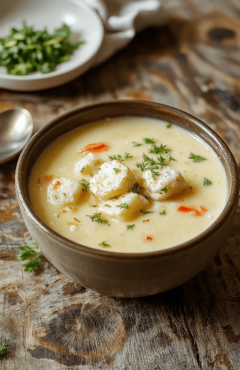 A vibrant bowl of Greek lemon chicken soup with tender shredded chicken, bright yellow broth, fresh herbs, and lemon slices, garnished with dill on a rustic wooden table.