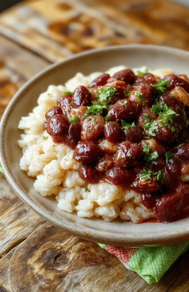 A vibrant bowl of Louisiana red beans and rice featuring tender red beans, steamed white rice, and slices of spicy sausage, garnished with chopped green onions, arranged on a rustic wooden table with a colorful napkin, capturing a comforting and hearty presentation with warm lighting.