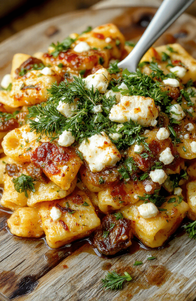 A vibrant plate of baked feta veggie pasta featuring al dente pasta, crumbled feta cheese, cherry tomatoes, zucchini, and fresh basil on a white ceramic plate, with a rustic wooden background and natural light highlighting the textures and colors.
