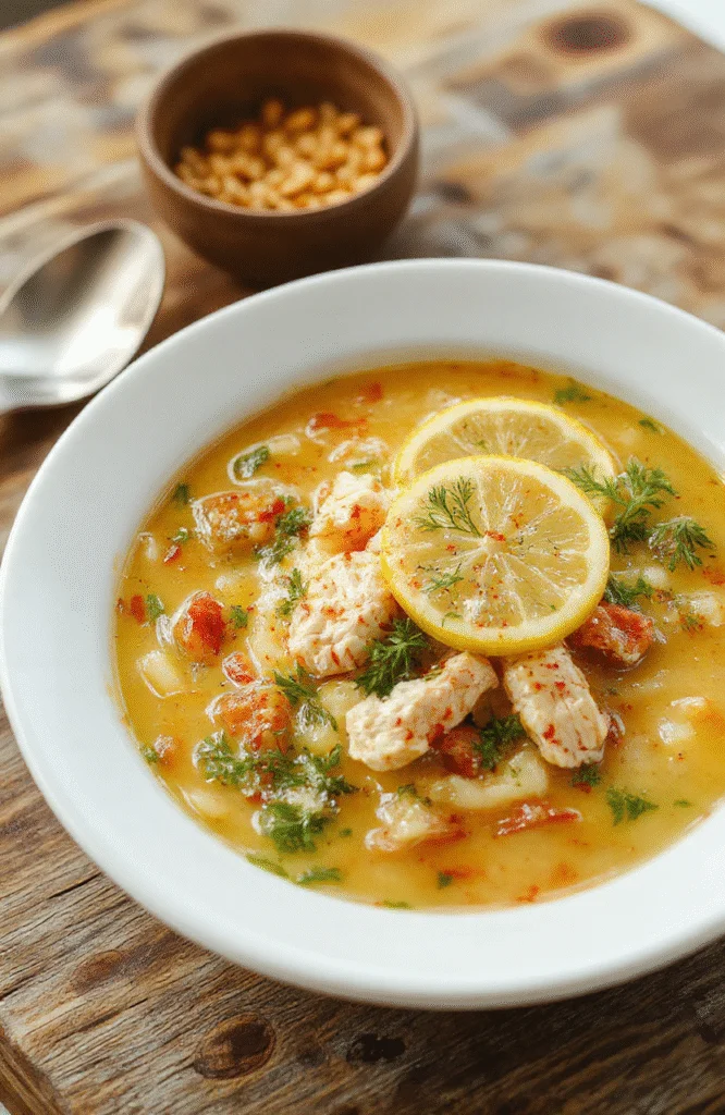 A vibrant bowl of Lemon Chicken Orzo Soup with tender shredded chicken, glowing lemon slices, al dente orzo pasta, fresh herbs, and a sprinkle of black pepper on a rustic wooden table, with a lemon wedge on the side, showcasing textures and bright flavors.