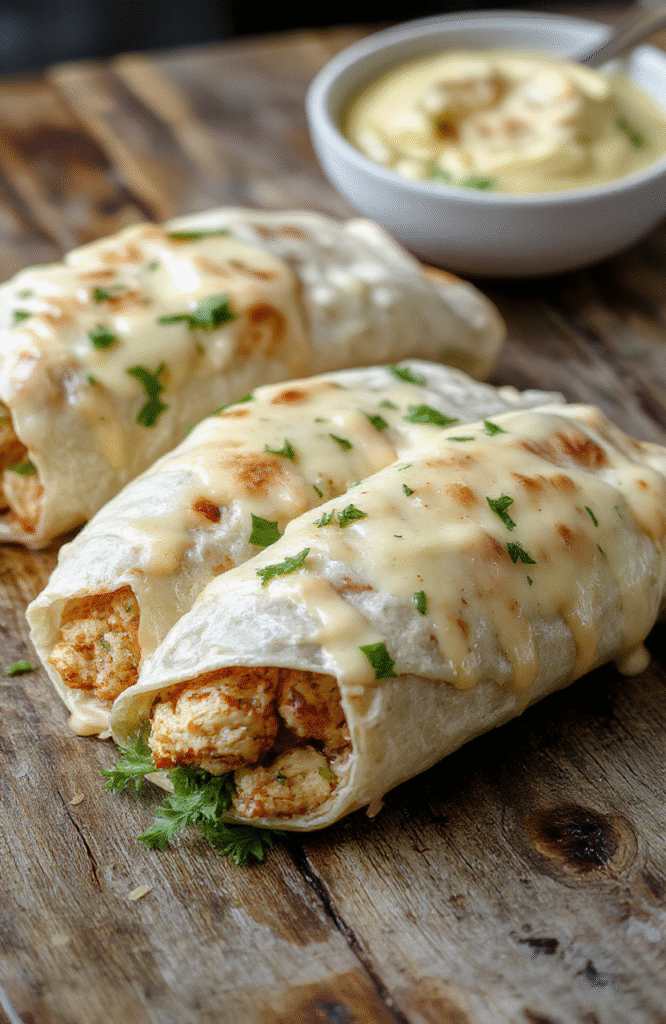 A vibrant plate of cheesy garlic chicken wraps sliced open to reveal melted cheese, tender chicken, and fresh greens, arranged on a rustic wooden board with a drizzle of garlic sauce and sprinkled herbs.