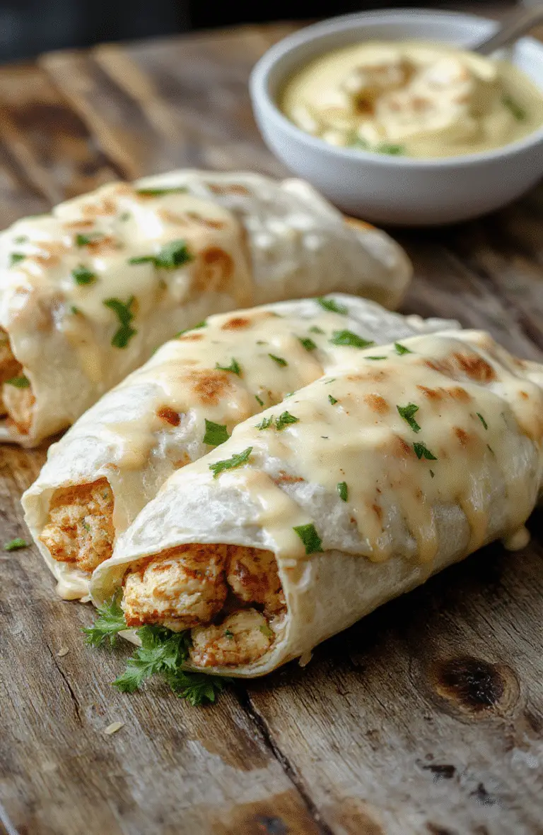 A vibrant plate of cheesy garlic chicken wraps sliced open to reveal melted cheese, tender chicken, and fresh greens, arranged on a rustic wooden board with a drizzle of garlic sauce and sprinkled herbs.