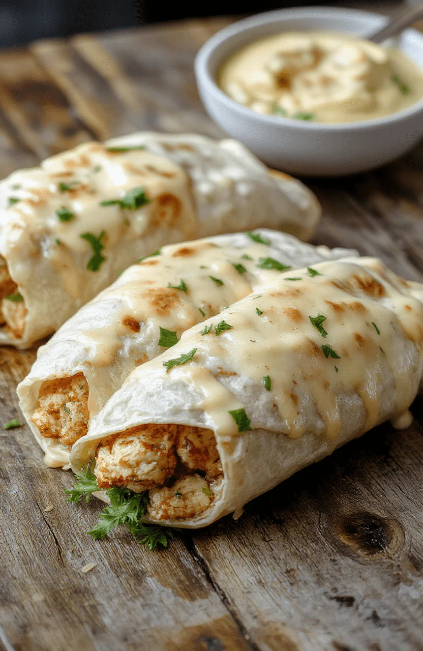 A vibrant plate of cheesy garlic chicken wraps sliced open to reveal melted cheese, tender chicken, and fresh greens, arranged on a rustic wooden board with a drizzle of garlic sauce and sprinkled herbs.