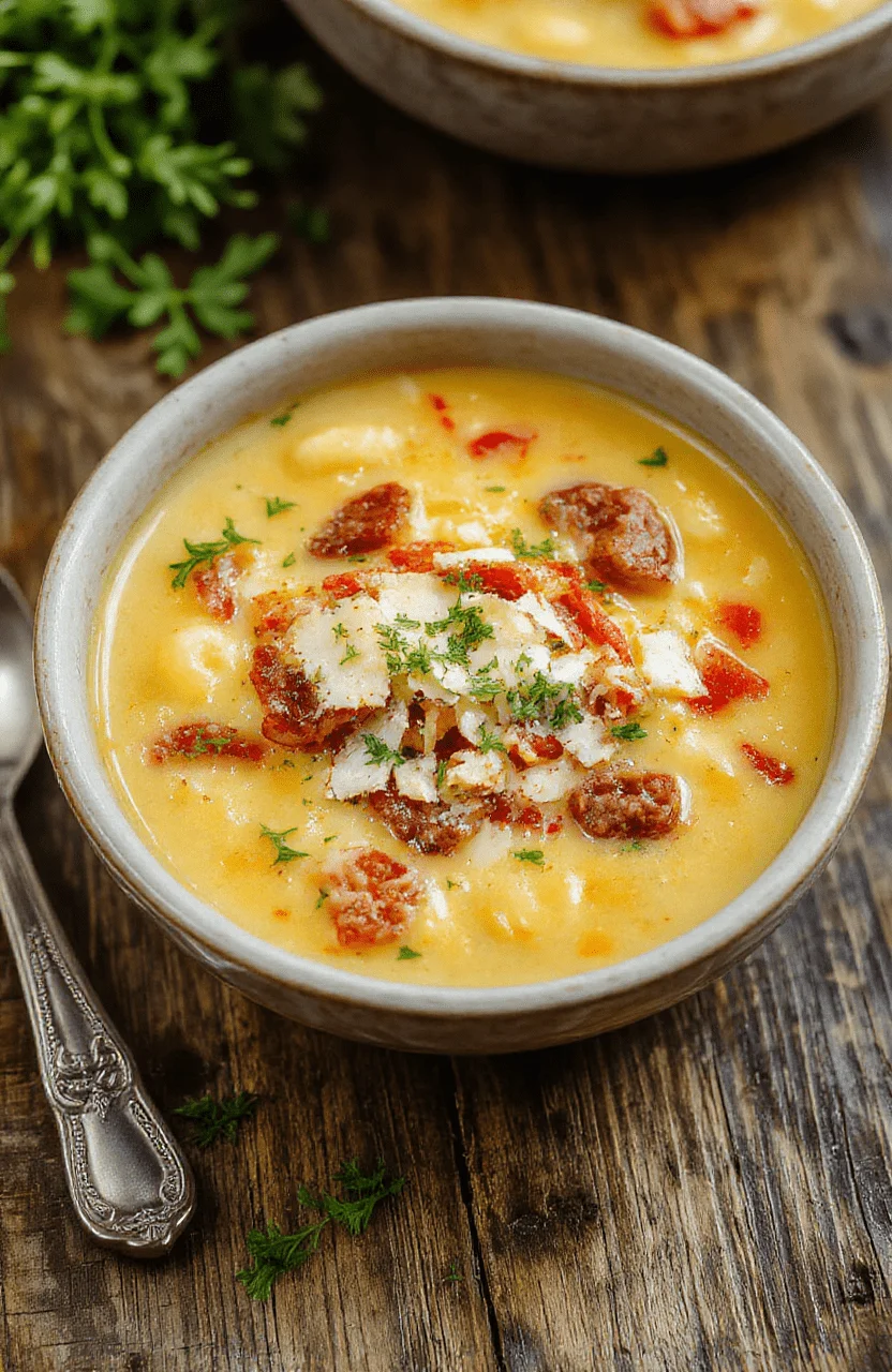 A vibrant bowl of cheesy macaroni cheeseburger soup topped with shredded cheese, chopped fresh herbs, and a dollop of sour cream, served in a rustic white bowl on a wooden table with a spoon and a side of crusty bread.