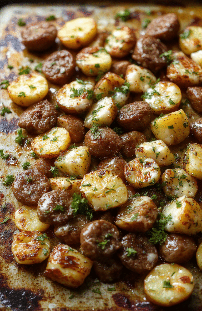 Colorful sheet pan meal featuring golden roasted potatoes, slices of smoked sausage, melted cheese topping, fresh green herbs, all arranged on a rustic baking sheet with a vibrant and inviting presentation.