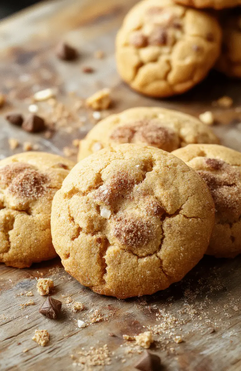A close-up of chewy pumpkin snickerdoodles with a golden-brown exterior, lightly coated in cinnamon-sugar, arranged on a rustic white plate with a warm fall background, highlighting the texture and inviting aroma.