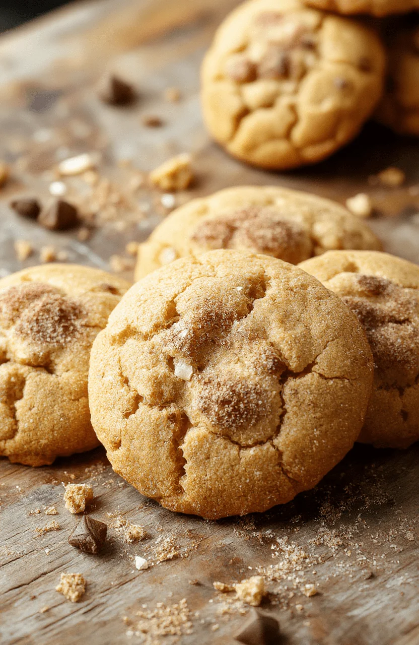A close-up of chewy pumpkin snickerdoodles with a golden-brown exterior, lightly coated in cinnamon-sugar, arranged on a rustic white plate with a warm fall background, highlighting the texture and inviting aroma.