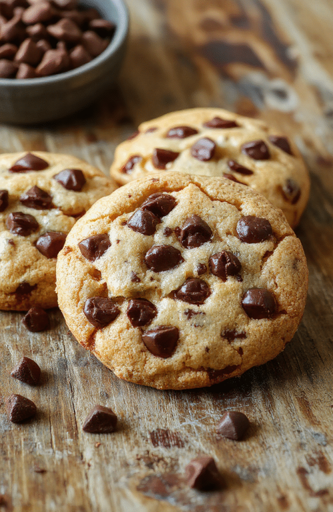 A close-up of a stack of chewy and soft chocolate chip cookies with golden edges and melty chocolate chips on a rustic wooden table, with crumbs scattered around, styled casually with a warm, inviting atmosphere.