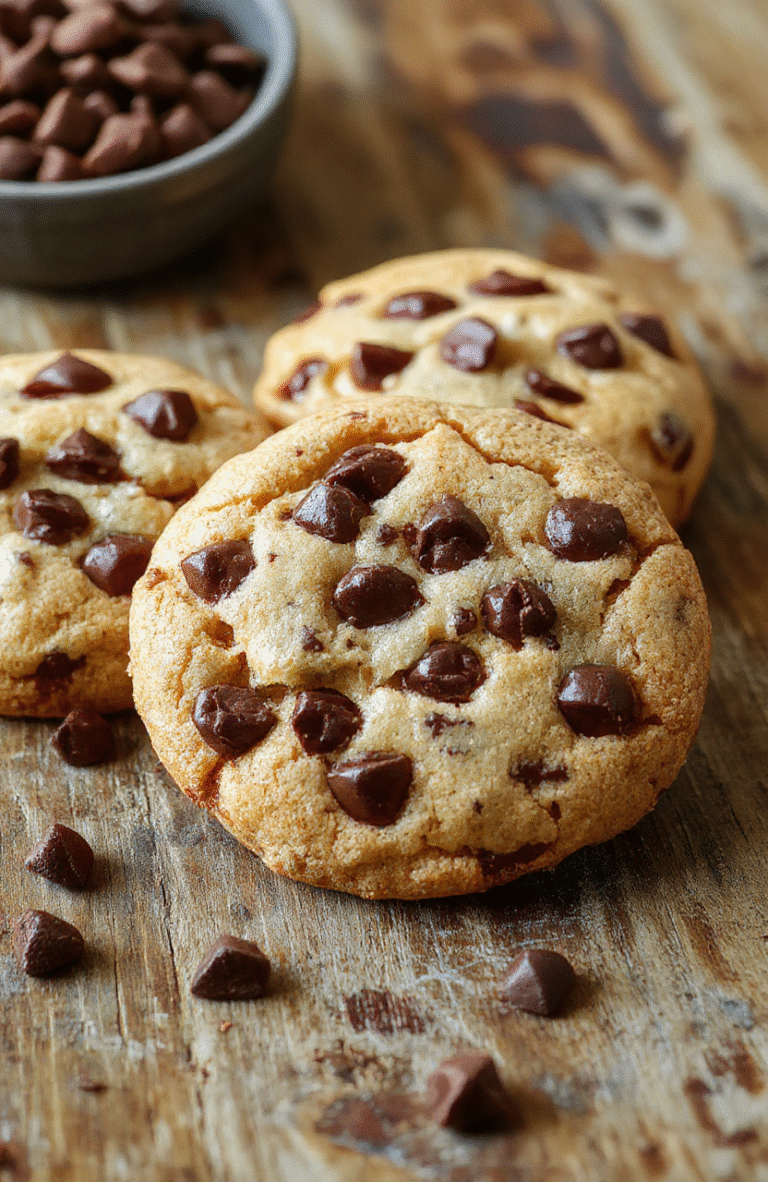 A close-up of a stack of chewy and soft chocolate chip cookies with golden edges and melty chocolate chips on a rustic wooden table, with crumbs scattered around, styled casually with a warm, inviting atmosphere.