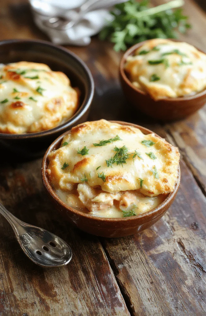 A bubbling homemade chicken pot pie in a rustic ceramic dish with golden flaky crust, creamy filling with peas and carrots visible on top, surrounded by cozy warm lighting, styled on a wooden table.