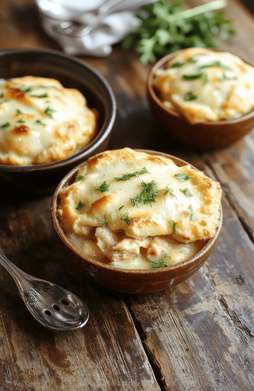 A bubbling homemade chicken pot pie in a rustic ceramic dish with golden flaky crust, creamy filling with peas and carrots visible on top, surrounded by cozy warm lighting, styled on a wooden table.
