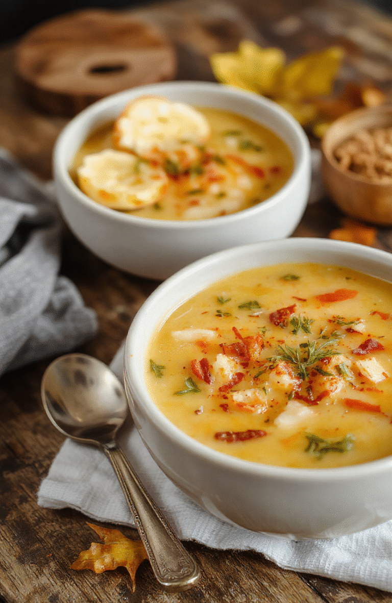 A warm bowl of wild rice soup topped with fresh herbs, surrounded by seasonal vegetables on a rustic wooden table, with soft natural daylight highlighting the creamy texture and vibrant colors of the ingredients.